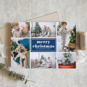 Cartes Pour Fêtes Annuelles Navy Blue Retro Joyeux Noël Photo Collage