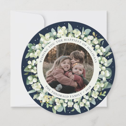 Cartes Pour Fêtes Annuelles Navy Round/Square Snowberry+Eucalyptus Photo (Devant)