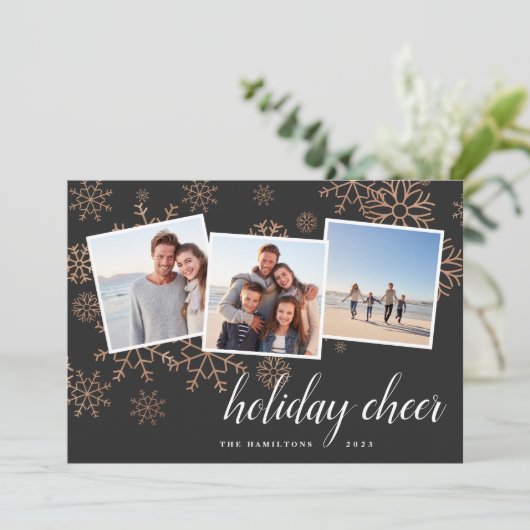 Cartes Pour Fêtes Annuelles Neige dorée| Collage photo Rose Gold Snowflake (Debout devant)