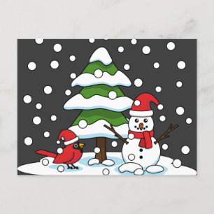 Cartes Pour Fêtes Annuelles Neige tombant sur Cardinal, Snowman et Pine Tree