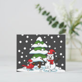 Cartes Pour Fêtes Annuelles Neige tombant sur Cardinal, Snowman et Pine Tree (Debout devant)