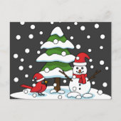 Cartes Pour Fêtes Annuelles Neige tombant sur Cardinal, Snowman et Pine Tree (Devant)