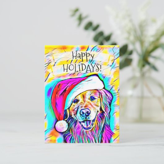 Cartes Pour Fêtes Annuelles Neon Bright Colonnes Noël Golden Retriever Art (Debout devant)