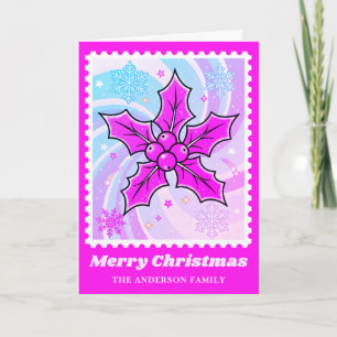 Cartes Pour Fêtes Annuelles Neon Pink Holly & Berries Timbre de Noël