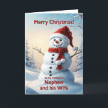 Cartes Pour Fêtes Annuelles Nephew et sa femme Christmas Snowman<br><div class="desc">Une scène d'hiver festive montrant un joyeux bonhomme de neige dans un casquette rouge et foulard. Souhaitez à votre neveu et à sa femme un joyeux Noël avec une belle carte de bonhomme de neige.</div>