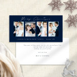 Cartes Pour Fêtes Annuelles Newlyweds 4 Photos Marine Joyeux Noël<br><div class="desc">Newlyweds 4 Photos White Script Marine Bleu Joyeux Noël. Disponible numériquement et imprimé. Moderne et minimaliste,  avec un script stylé pour Joyeux Noël. Remplacez les exemples d'images par vos propres favoris mariages et personnalisez le reste des mots de chaque côté,  selon vos besoins.</div>