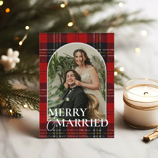 Cartes Pour Fêtes Annuelles Newlyweds Rustic Modern Plaid Tartan Red