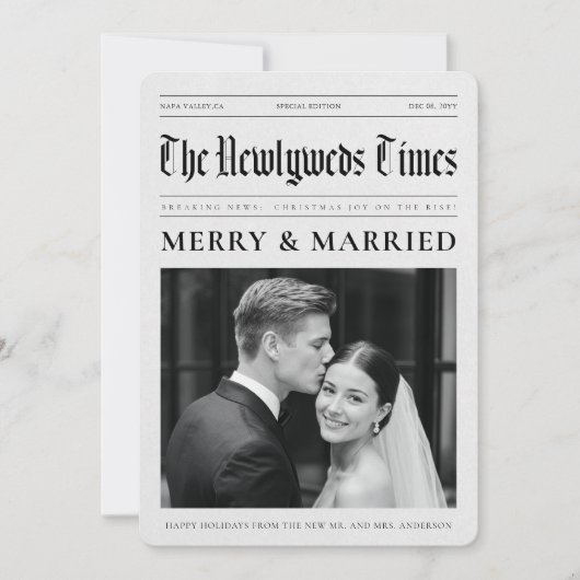 Cartes Pour Fêtes Annuelles Newspaper Merry And Married Newlywed Wedding Photo (Devant)
