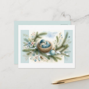 Cartes Pour Fêtes Annuelles Nid de merlebleu avec ornements dans les pins en h