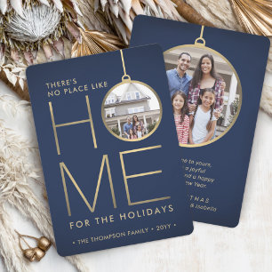 Cartes Pour Fêtes Annuelles No Place Like Home 2 Photo Navy et Gold Christmas