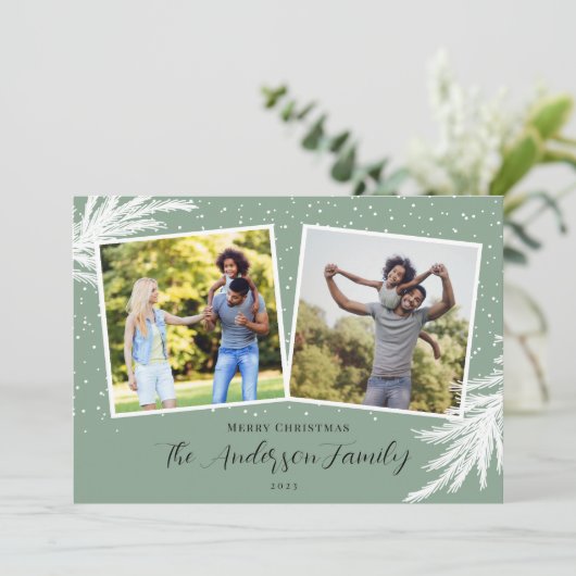 Cartes Pour Fêtes Annuelles Noël 2 Photos Script Neige Vert (Debout devant)