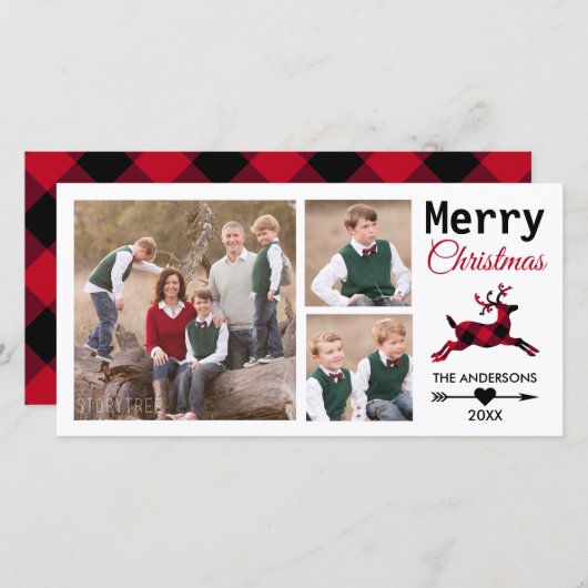 Cartes Pour Fêtes Annuelles Noël 3 Famille Photo Red Plaid Reinder (Devant / Derrière)