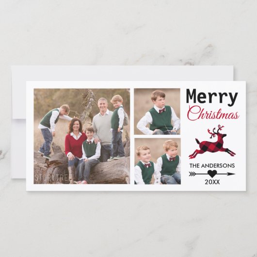 Cartes Pour Fêtes Annuelles Noël 3 Famille Photo Red Plaid Reinder (Devant)