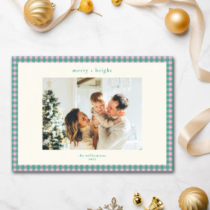 Cartes Pour Fêtes Annuelles Noël à deux photos personnalisées à carreaux rose