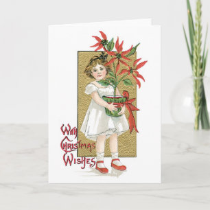Cartes Pour Fêtes Annuelles Noël à l'ancienne, fille tenant Poinsettia