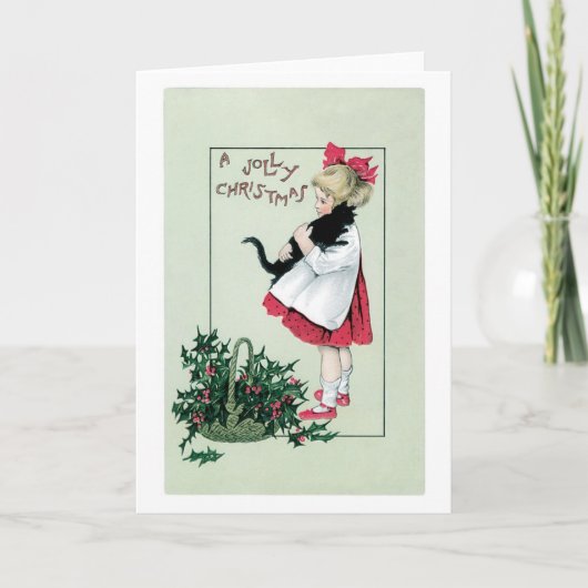 Cartes Pour Fêtes Annuelles Noël à l'ancienne, Fille tenant un chat noir (Devant)