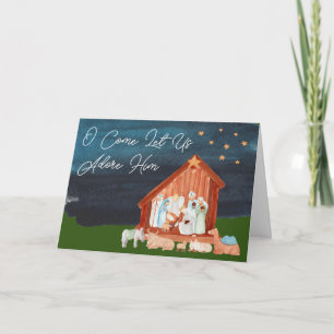 Cartes Pour Fêtes Annuelles Noël à l'aquarelle Adorez-Le Écriture Religieuse