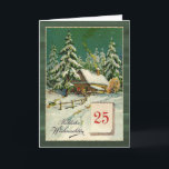 Cartes Pour Fêtes Annuelles Noël allemand - forêt d'hiver, 25 décembre,<br><div class="desc">This design feh a vintage illustration of snow covered cottage in a snowy forest with the 25 of december on a calendar. The German in front says : Merry Christmas. Inside à German too: Merry Christmas et a happy New Year.</div>