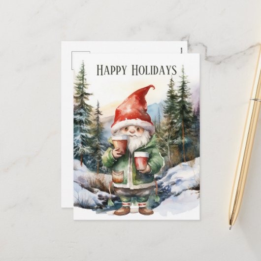 Cartes Pour Fêtes Annuelles Noël aquarelle gnome ajouter le texte Fête (Devant/Arrière en situation)