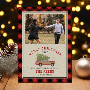 Cartes Pour Fêtes Annuelles Noël Arbre Bois Wagon SUV Photo Plaid Tweeter