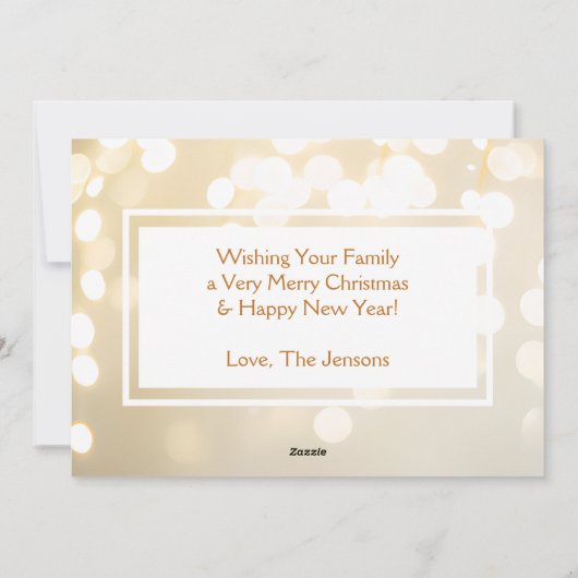 Cartes Pour Fêtes Annuelles Noël Blanc et Or Bokeh Photo Fête (Dos)