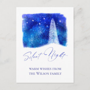 Cartes Pour Fêtes Annuelles Noel bleu et blanc Silent Night enneigé arbre