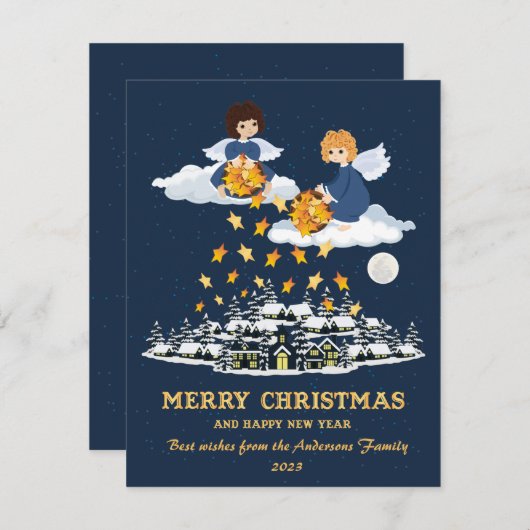 Cartes Pour Fêtes Annuelles Noël bleu or mignon petits anges (Devant / Derrière)