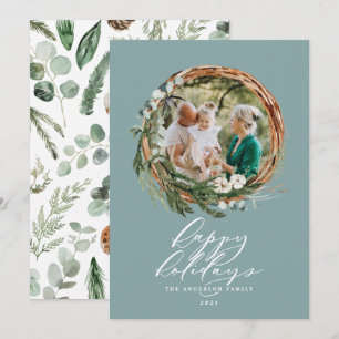 Cartes Pour Fêtes Annuelles Noël bleu pâle botanique 1 photo élégante