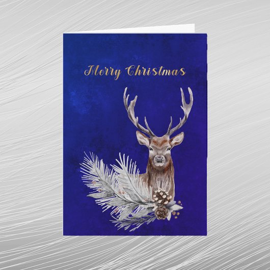 Cartes Pour Fêtes Annuelles Noël Blue Deer Pine Branch Cones Aquarelle