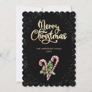 Cartes Pour Fêtes Annuelles Noël Bonbons en Canne à Sucre Noir Houx Baies
