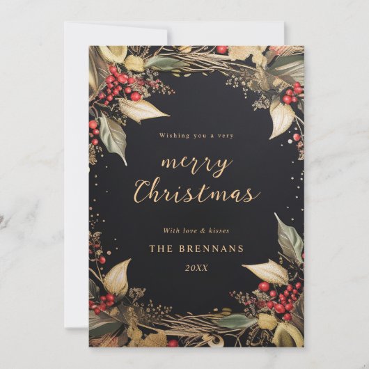 Cartes Pour Fêtes Annuelles Noël Botanique Noir Et Or Élégant (Devant)