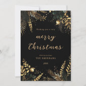 Cartes Pour Fêtes Annuelles Noël Botanique Noir Or Moderne Élégant (Devant)