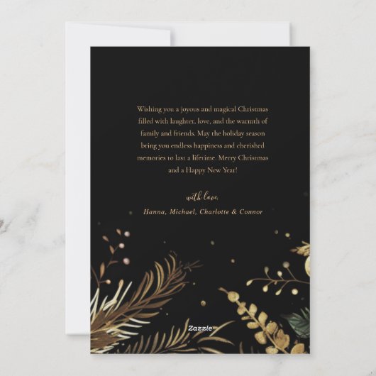 Cartes Pour Fêtes Annuelles Noël Botanique Noir Or Moderne Élégant (Dos)