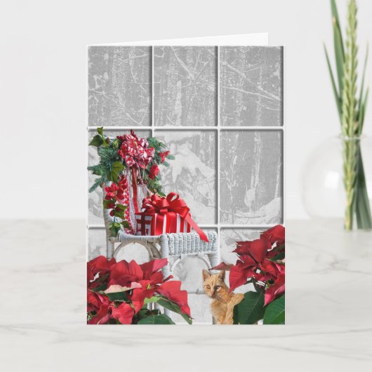 Cartes Pour Fêtes Annuelles Noël Chat par chaise et fenêtre (Devant)