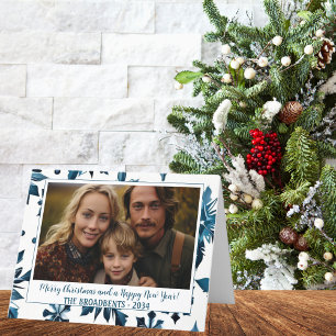 Cartes Pour Fêtes Annuelles Noël Chic Flocon de Neige Bleu Fête Photo Pliée