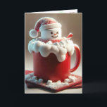 Cartes Pour Fêtes Annuelles Noël Chocolat Chaud Snowman<br><div class="desc">Un grand marshmallow conçu comme un bonhomme de neige avec un chapeau de Père Noël est assis sur une tasse rouge remplie de mousse crémeuse. Le texte intérieur peut être modifié.</div>