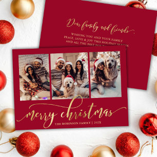 Cartes Pour Fêtes Annuelles Noël Collage Photo 3 Rouge Écriture Élégante en Or