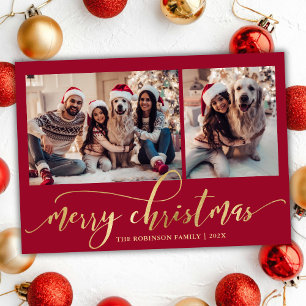 Cartes Pour Fêtes Annuelles Noël Collage Photo Rouge Écriture Or Élégant 2