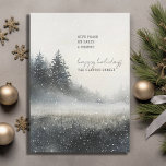 Cartes Pour Fêtes Annuelles Noël de la forêt de pins neigeux<br><div class="desc">Partagez un moment tranquille de beauté hivernale avec cette carte de Noël paisible, avec une forêt de pins d'aquarelle recouverte de neige. Une douce brume dérive à travers les arbres, créant un cadre serein et élégant pour votre accueil de vacances. Le message "Donner une chance à la paix sur Terre"...</div>