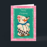 Cartes Pour Fêtes Annuelles Noël de Snowman Vintage<br><div class="desc">Ce bonhomme de neige vintage est décoré pour le froid avec un casquette rose et une écharpe bleue. Sa toile de fond verte turquoise est bordée de parties scintillant, puis encadrée de rides roses. Le texte, la police et la couleur de police peuvent tous être changés selon vos goûts. Cliquez...</div>