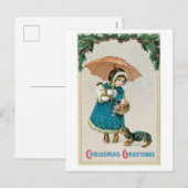 Cartes Pour Fêtes Annuelles Noël démodé, fille avec le chat et chien (Devant / Derrière)