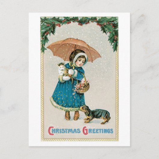 Cartes Pour Fêtes Annuelles Noël démodé, fille avec le chat et chien (Devant)