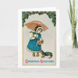 Cartes Pour Fêtes Annuelles Noël démodé, fille avec le chat et chien