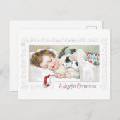 Cartes Pour Fêtes Annuelles Noël démodé, fille dormant avec le chiot (Devant / Derrière)