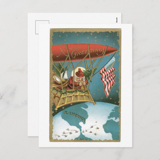 Cartes Pour Fêtes Annuelles Noël démodé, Père Noël montent dans un dirigeable (Devant / Derrière)