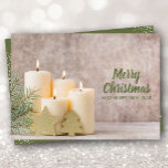 Cartes Pour Fêtes Annuelles Noël des bougies et des pins<br><div class="desc">De belles bougies en ivoire,  des aiguilles de pin et des ornements en or d'étoile et d'arbre,  votre accueil personnalisé et les noms sur le dos. Sélectionnez Matte pour le papier le plus lourd et la haute définition pour une meilleure qualité d'impression.</div>
