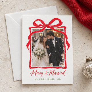 Cartes Pour Fêtes Annuelles Noël des jeunes mariés avec un nœud dessiné à la m