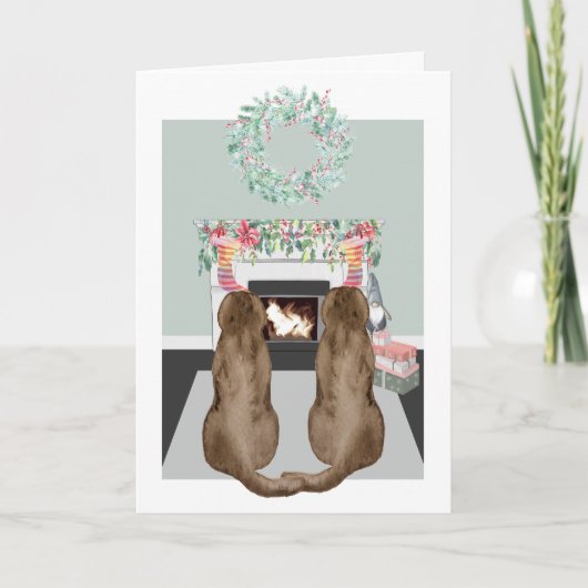 Cartes Pour Fêtes Annuelles Noël Deux Chiens du Labrador Choc Cheminée Scène (Devant)