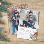 Cartes Pour Fêtes Annuelles Noël Elégant Winter Holly Berries 2 Photo<br><div class="desc">This design feobjets Christmas holiday red holly berries, with photo 2 wo family picture layout, botanical greenery winter foliage, a watercolor red green silver, elegant pine branch twig, classic traditional eucalyptus leaves, and-lettered scricalraphy, with modern calligraphy y script font, modern elegant simple trendy, a lovely multi photo collage Christmas holiday...</div>