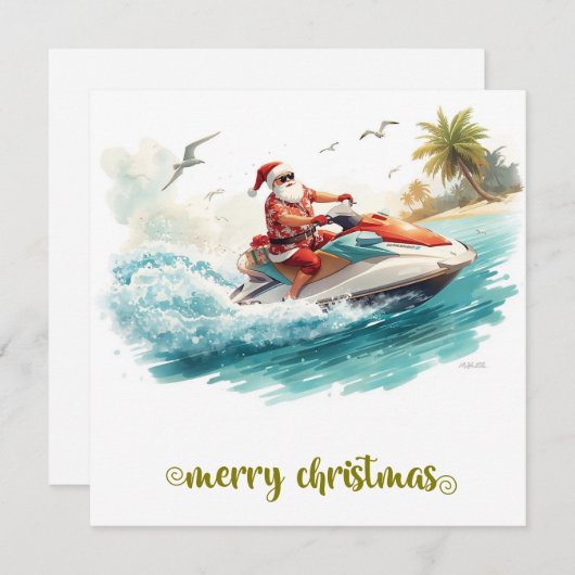 Cartes Pour Fêtes Annuelles Noël en Jet Ski avec le Père Noël (Devant / Derrière)
